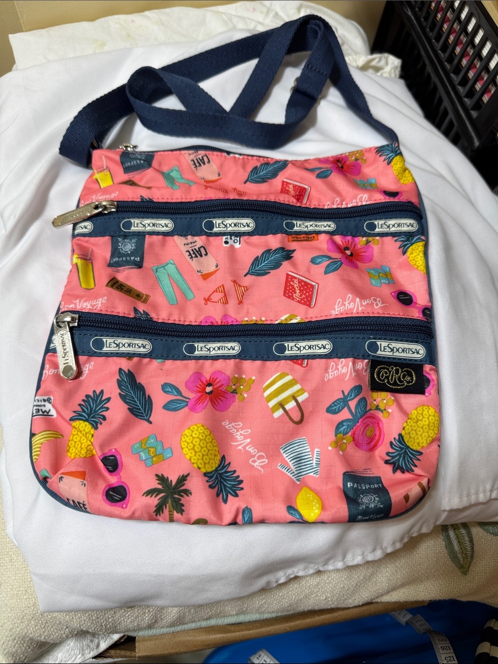 LeSportsac Pink Tropical Print Crossbody Bag with Navy Trim